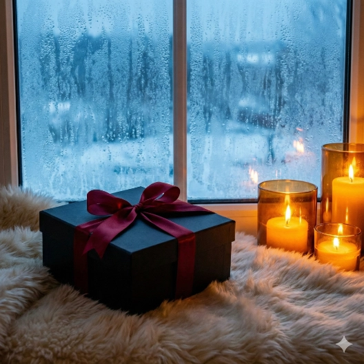 Luxusné diskrétne balenie z Intim Shopu s červenou stuhou položené na kožušine pri zamrznutom okne a sviečkach – symbol zimnej vášne a otvorenia predajne 5. januára.