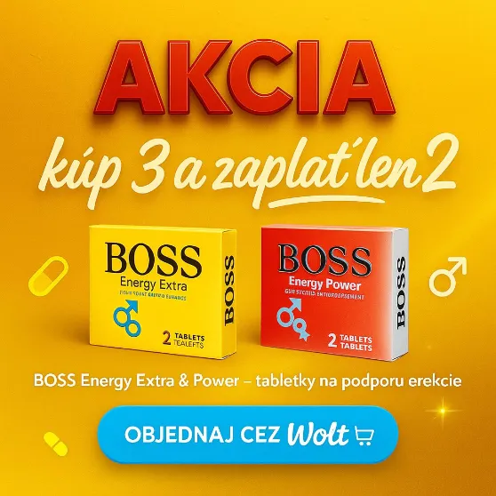 Akcia Intim Shop Bratislava – kúp 3 zaplať 2 na tabletky BOSS Energy, objednaj diskrétne cez Wolt